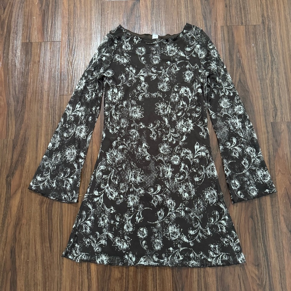 Women's M Brown Whimsigoth Sheer Flare Sleeves Witchy Lettuce Ruffle Dress